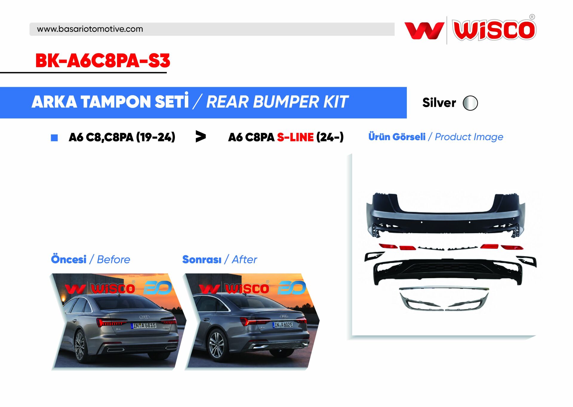 Audi A6 C8 S-Line 2019-2024 Arka Tampon Seti Silver
