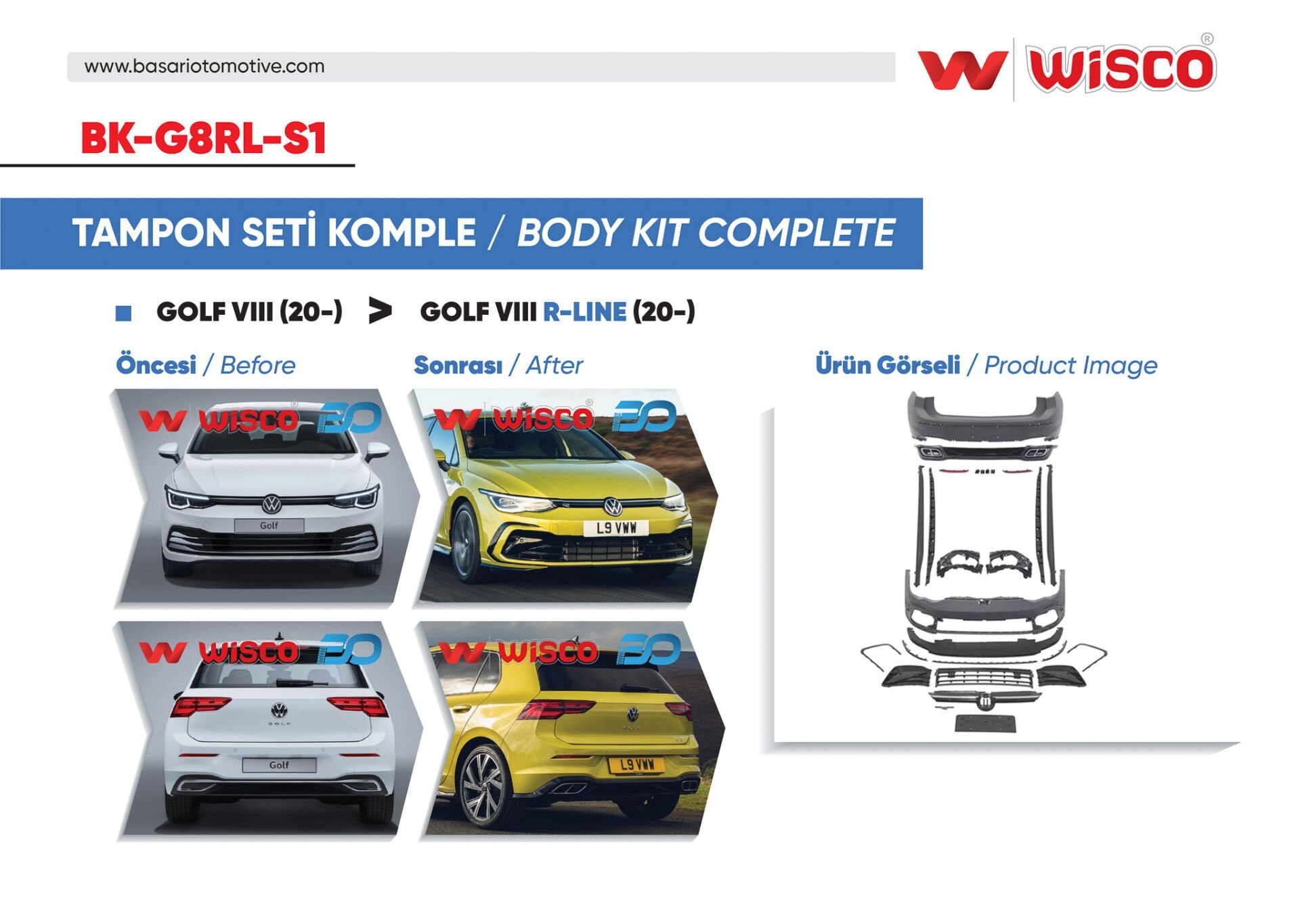 Volkswagen Golf 8 R-Line 2020- Uyumlu Ön Arka Yan Tampon Seti Komple