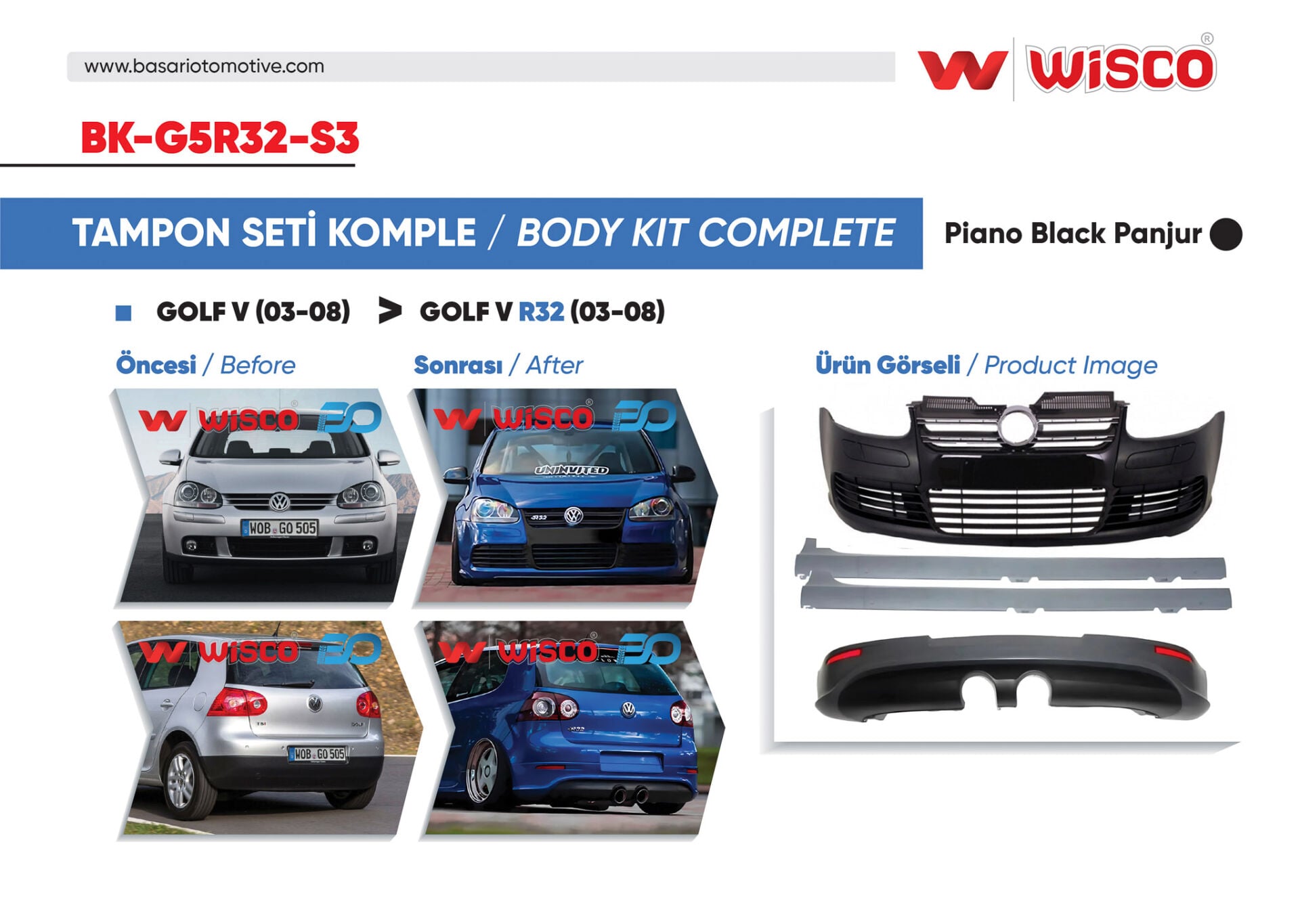 Volkswagen Golf 5 R32 2004-2008 Uyumlu Komple Tampon Seti (Ön-Arka-Yan) Siyah Panjurlu