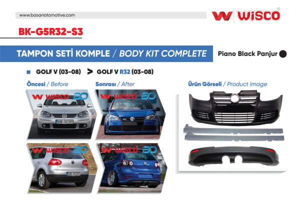 Volkswagen Golf 5 R32 2004-2008 Uyumlu Komple Tampon Seti (Ön-Arka-Yan) Siyah Panjurlu