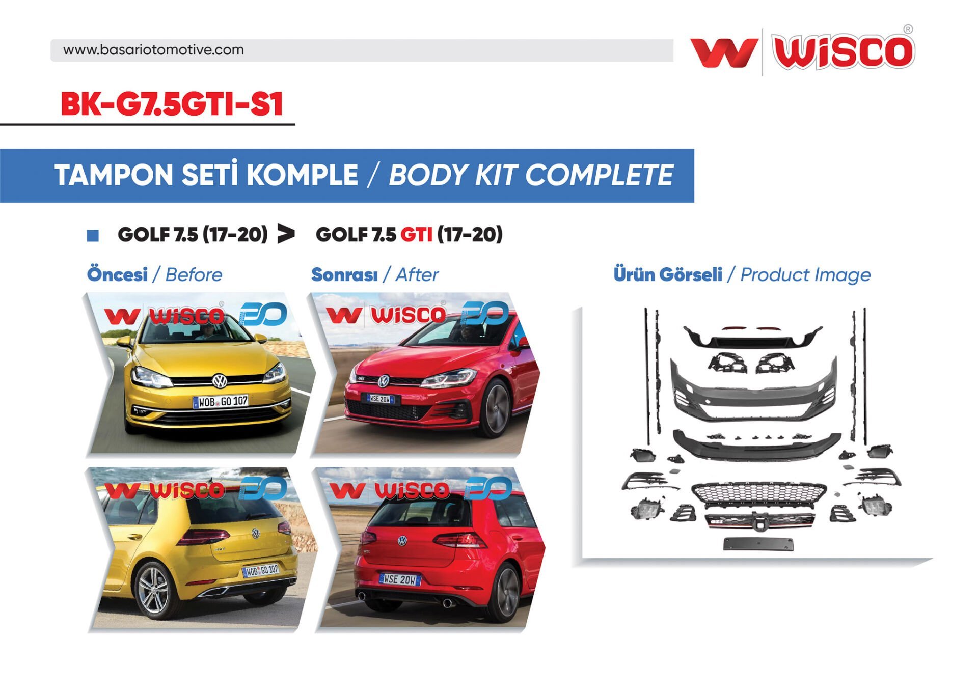 Volkswagen Golf 7.5 2017-2020 Uyumlu Komple Tampon Seti (Ön, Arka, Yan)