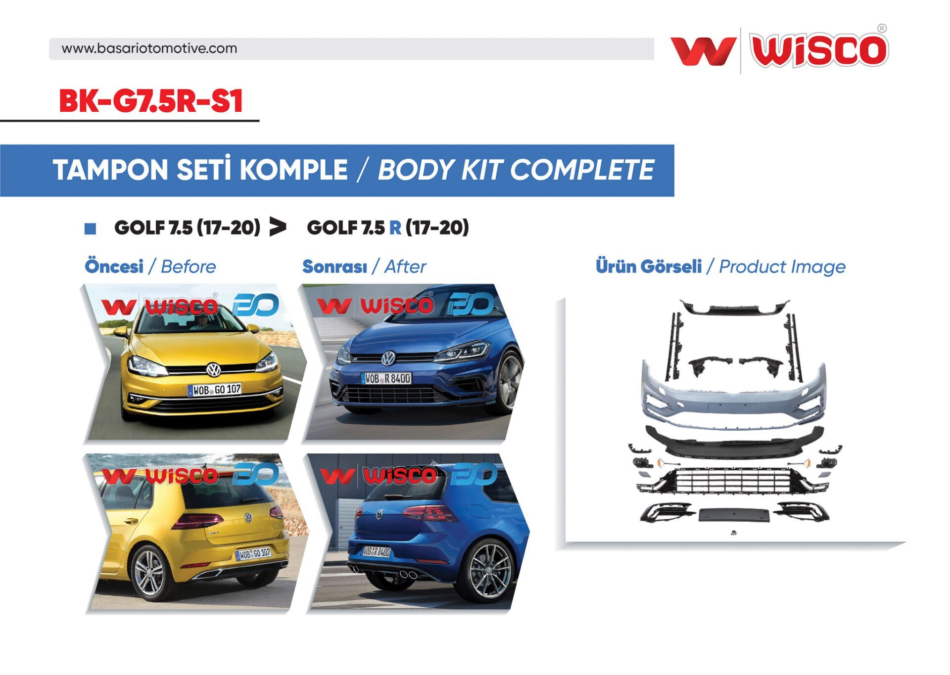 Volkswagen Golf 7.5 2017-2020 Uyumlu Tampon Seti Komple (Ön-Arka-Yan)