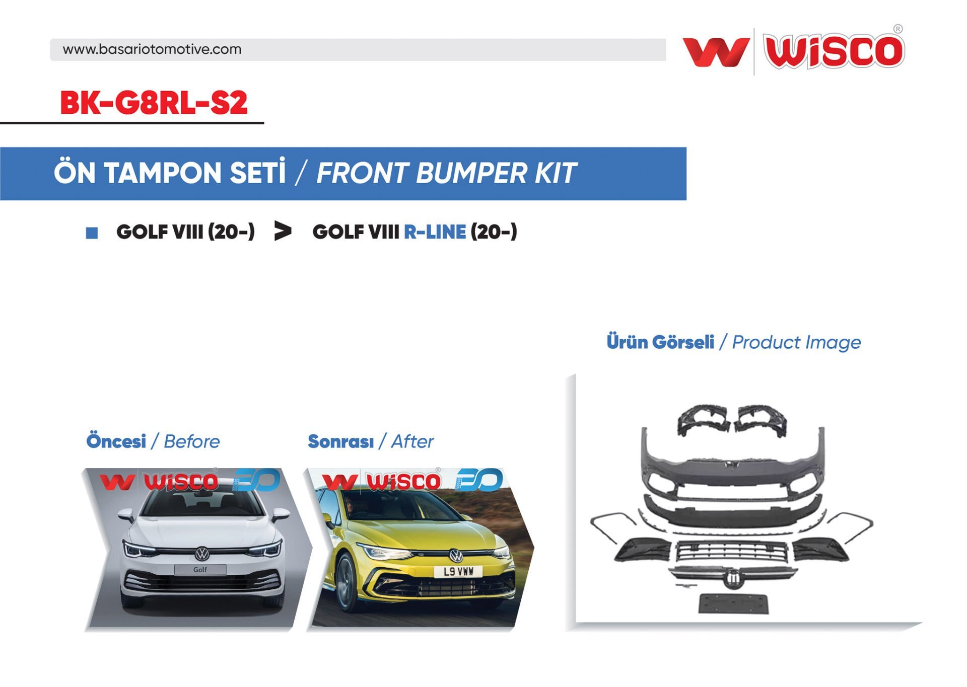 Volkswagen Golf 8 R-Line 2020- Uyumlu Ön Tampon Seti