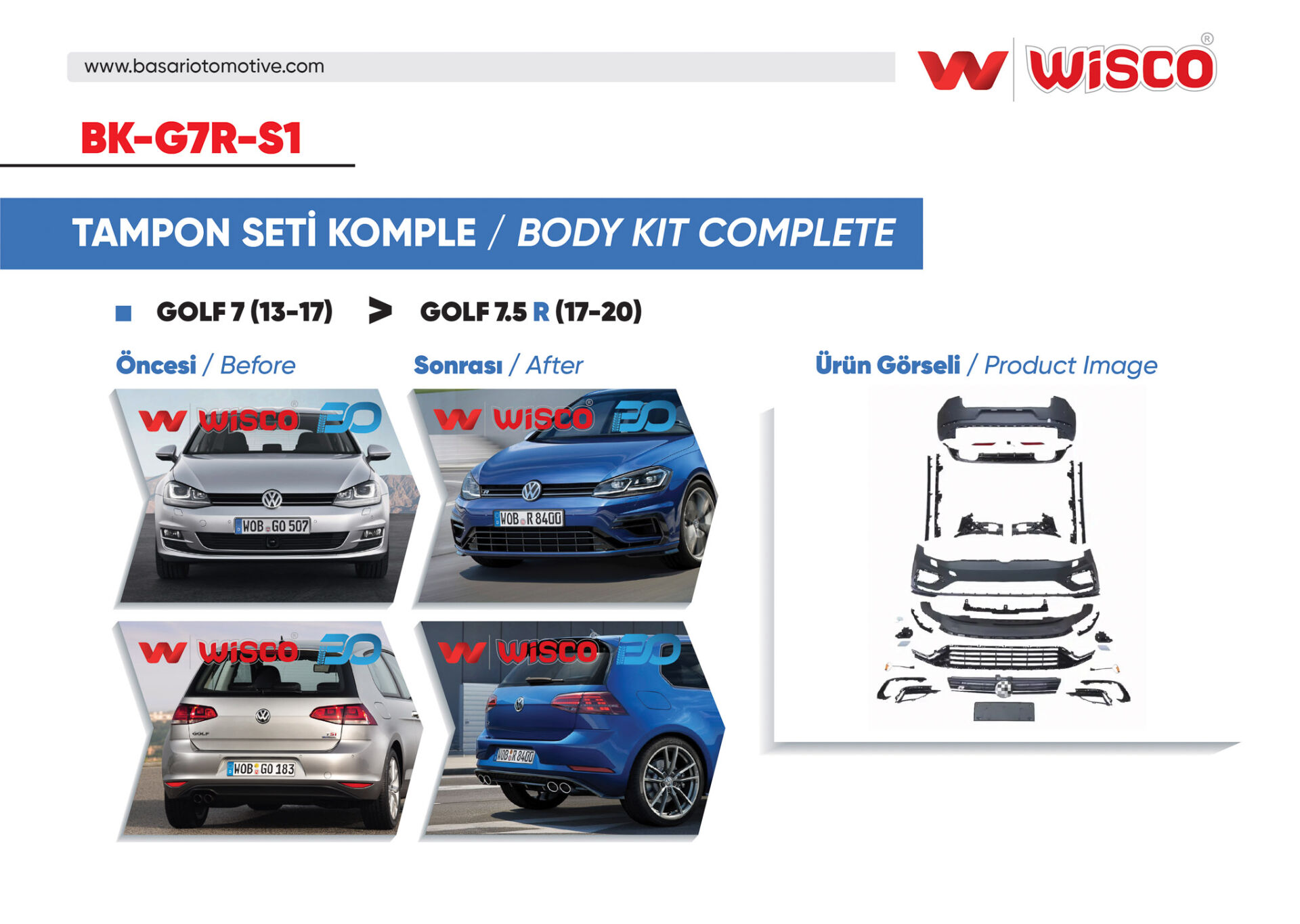 Volkswagen Golf 7 2013-2017 Uyumlu Golf 7.5 R Ön Arka Yan Komple Tampon Seti