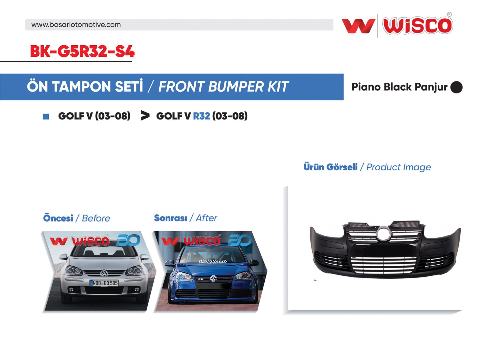 Volkswagen Golf 5 R32 2004-2008 Ön Tampon Seti Parlak Siyah Panjurlu