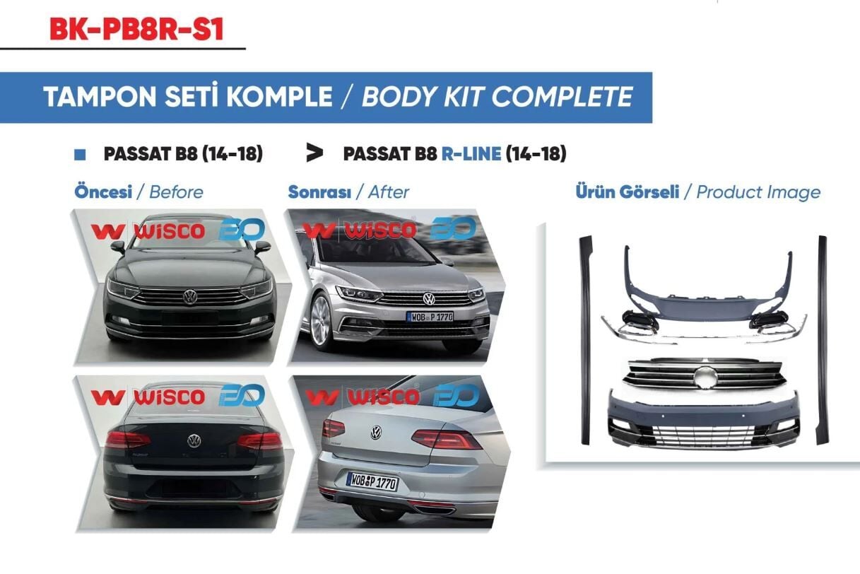 Volkswagen Passat B8 R-Line 2014-2018 Tampon Seti Komple (Ön-Arka-Yan)