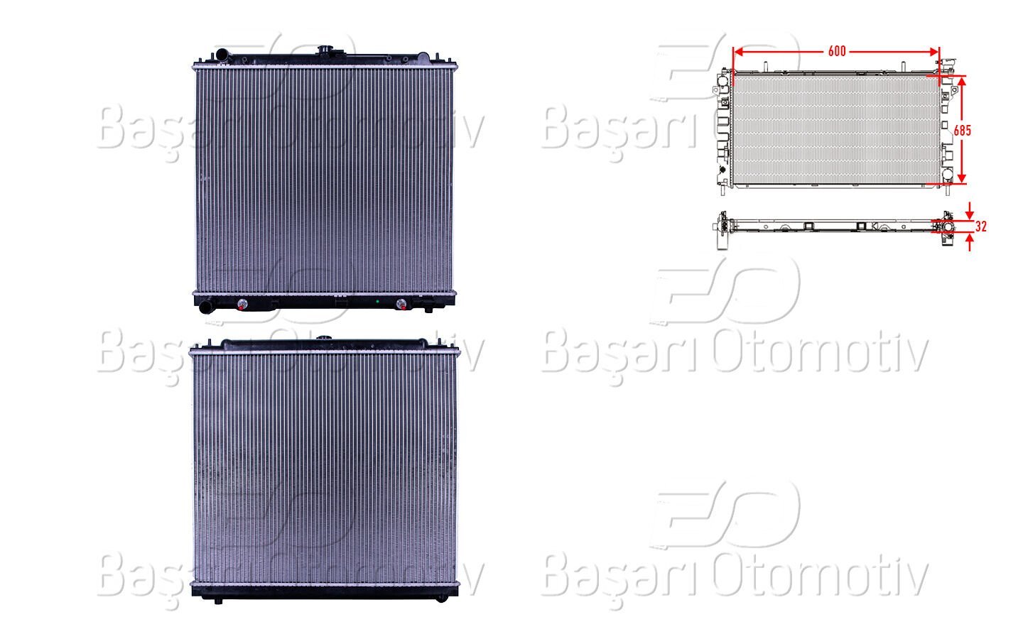 Nissan NP300 Navara D40 Pathfinder R51 2.5 DCI 4WD 2005 Sonrası Pickup D22 2.5 DCI 2008 Sonrası Su Radyatörü Brazing AT 600x685x32 mm