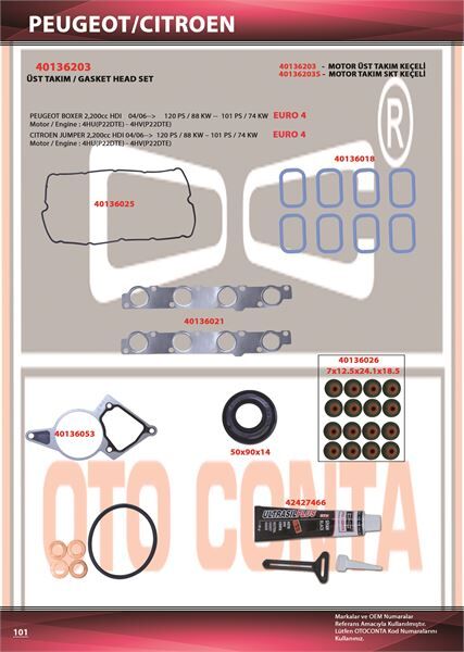 Motor Takım Conta Üst S.K.C Haric Keçeler Dahil Euro 4 Boxer III 06- Jumper III